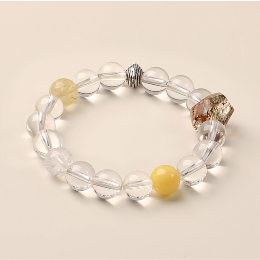 Natural Clear Quartz & Golden Rutilated Quartz Bracelet – Metal Element